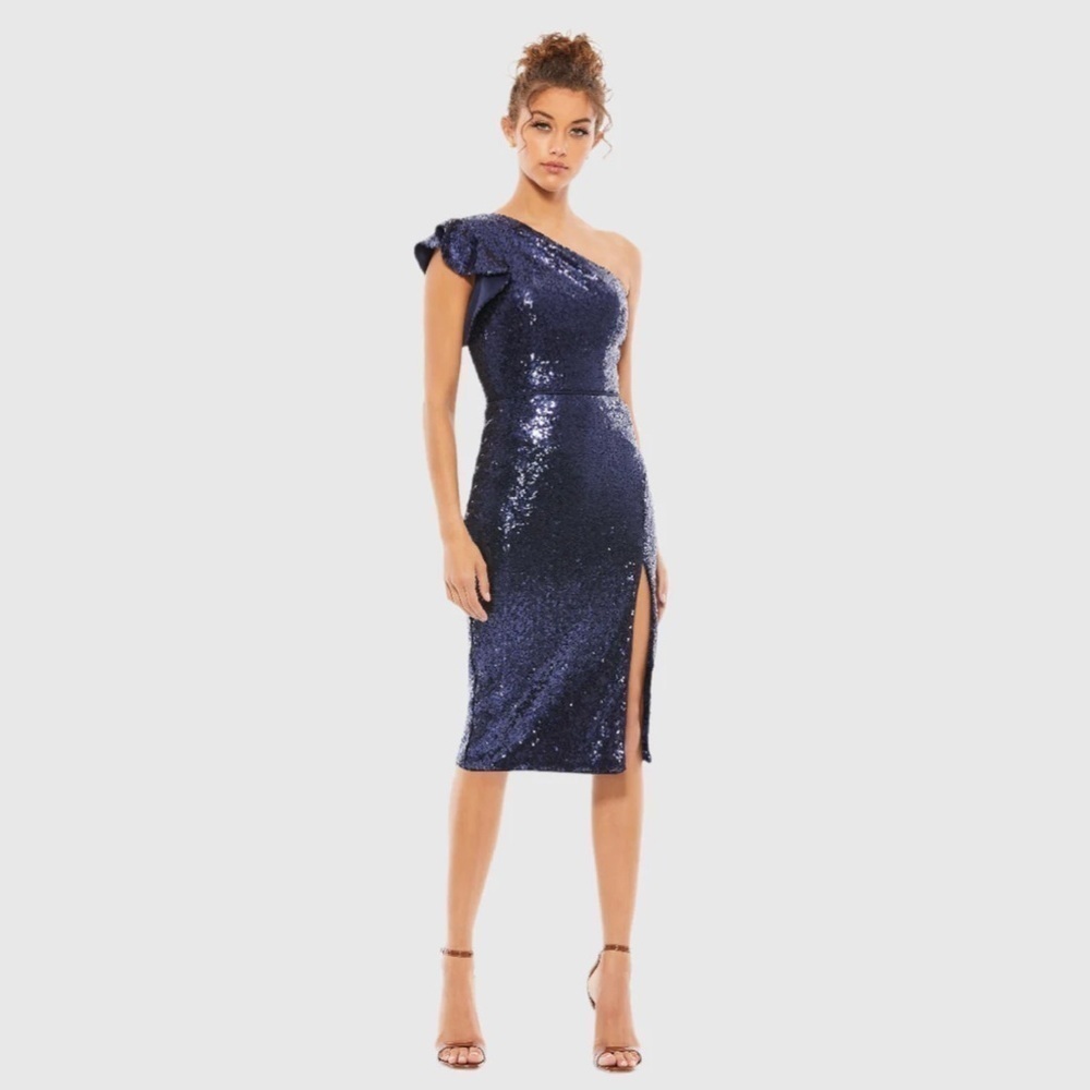 Mac Duggal 49290 NWT ONE SHOULDER RUFFLED SEQUINED MIDI DRESS